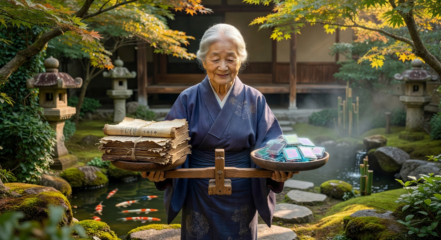 伝統とテクノロジーのバランスを表すイラスト