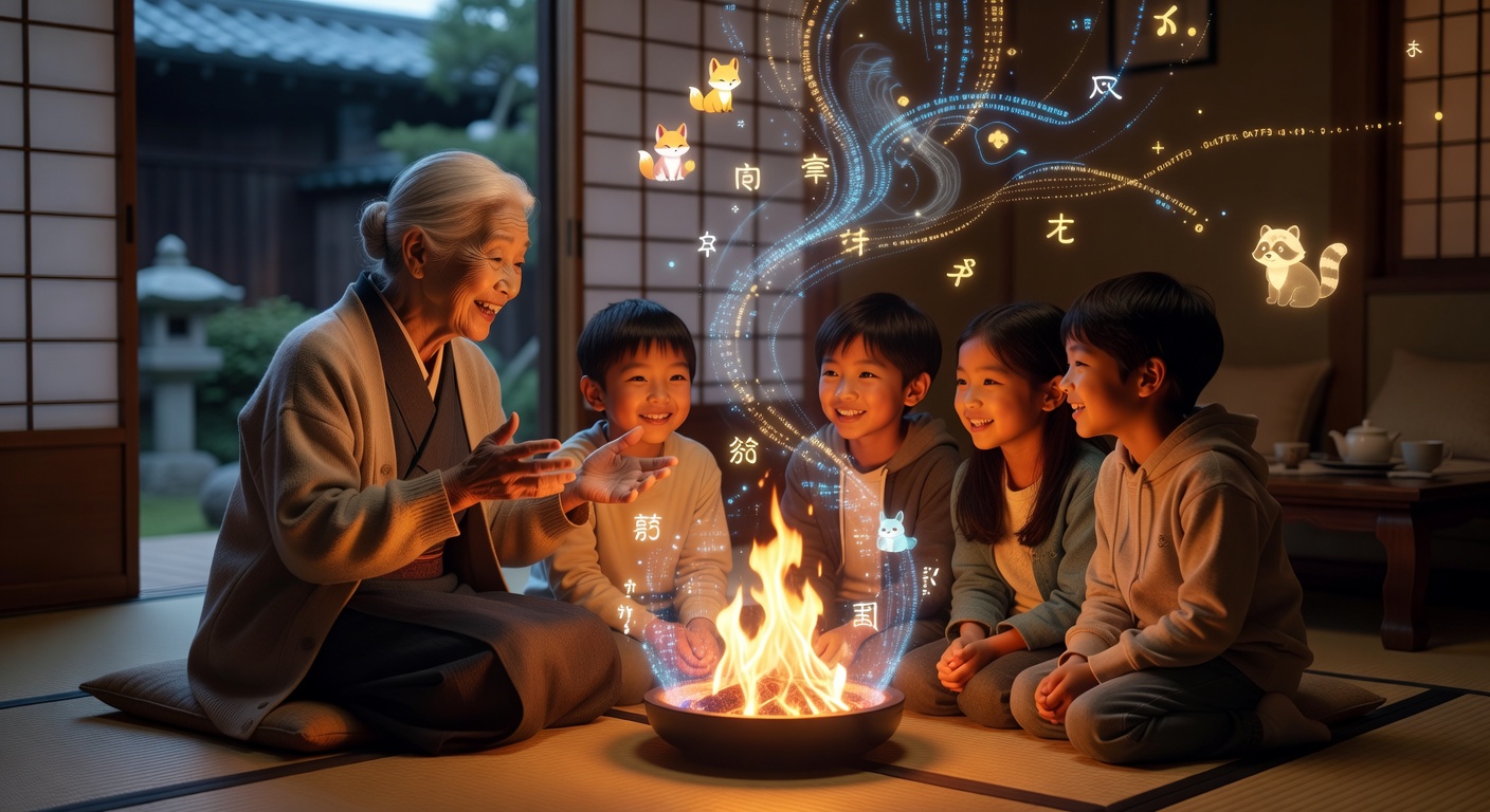 家族に物語を語るおばあさんAIのイラスト