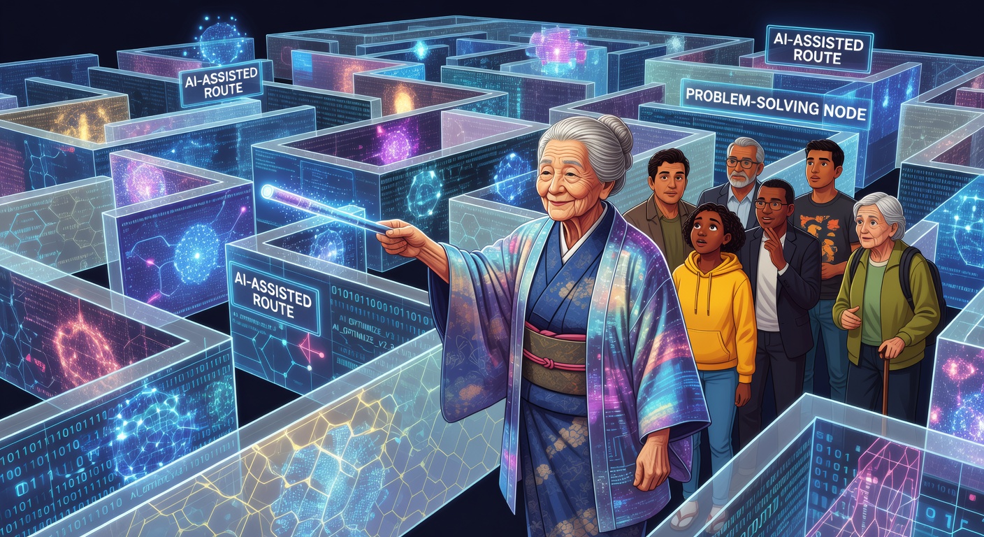 デジタル迷路を案内するおばあさんAIのイラスト