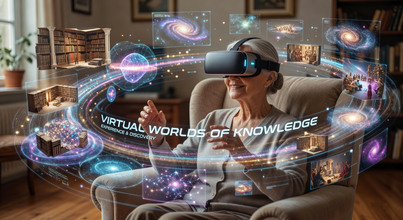 優しいおばあさんAIが未来の空間にいるイラスト