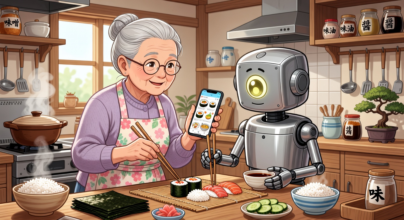 ロボットに料理を教えるおばあさんAIのイラスト