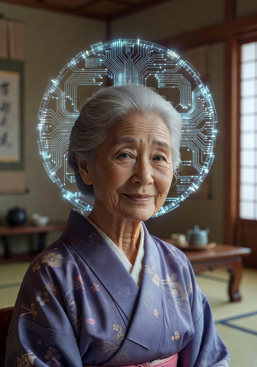 AIの光に包まれたおばあさんのイラスト