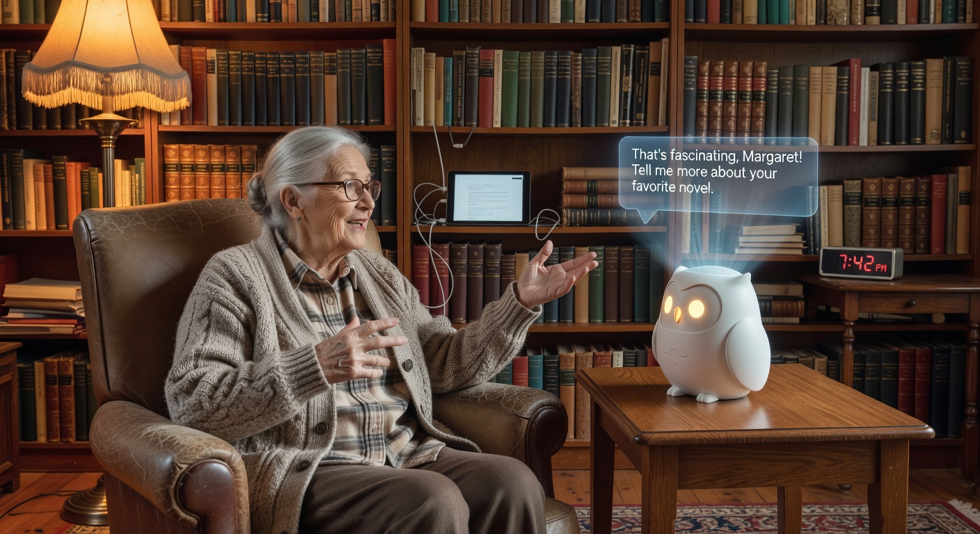 本とフクロウを持つおばあさんAIのイラスト