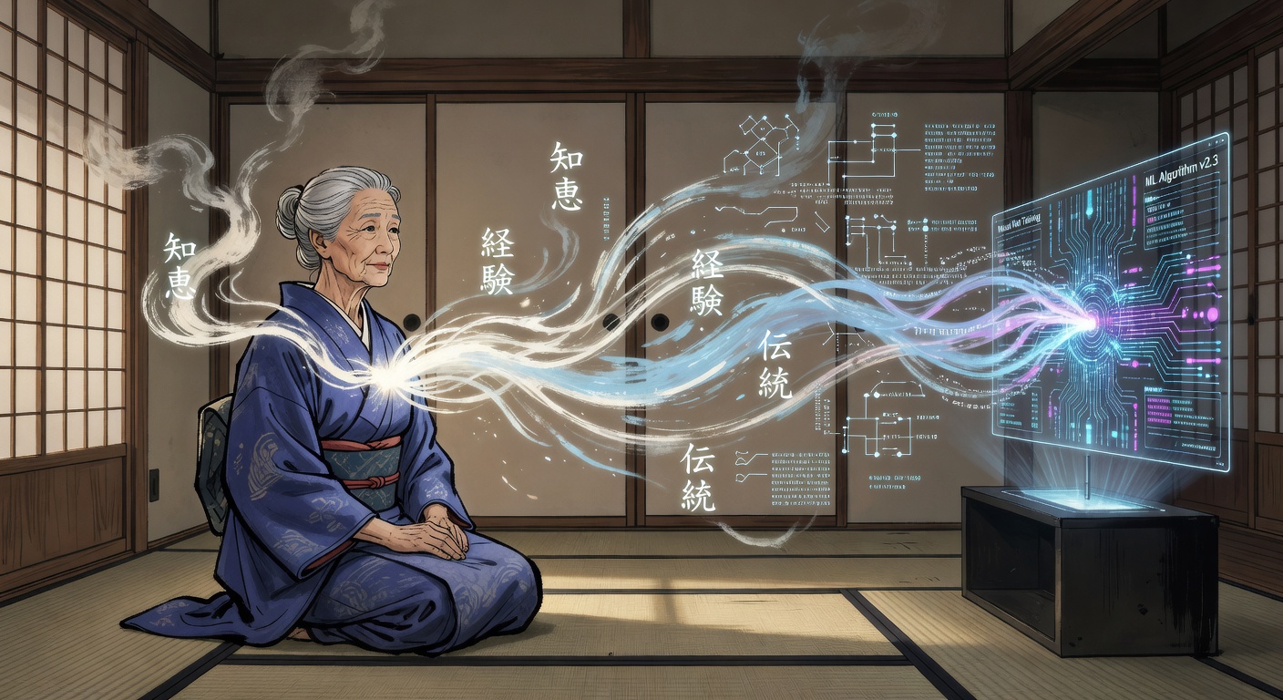 知恵がAIに流れ込む様子を描いたイラスト